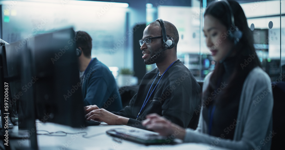 Poster Positive Technical Support Manager Talking on a Call, Providing Help Desk Solutions to a Customer Experiencing Troubleshooting Issues with a Product. Happy African Man Successfully Solving the Problem