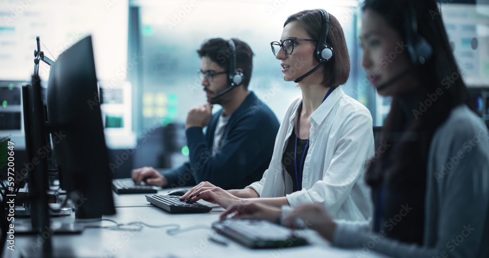 Poster Help Desk Specialist Having a Conversation on a Call, Providing Technical Support to Client Experiencing Computer Hardware and Software Issues. Female Using a Headset to Talk with a Tech Team