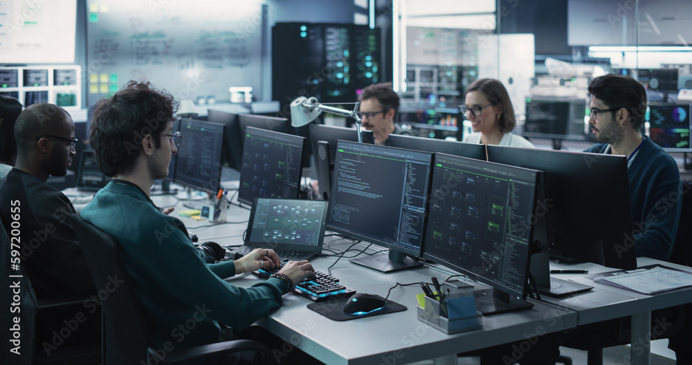 Poster Group of Empowered Multicultural Men and Women Working in a Research Center, Using Computers to Run Advanced Software, Develop Artificial Intelligence Interface and Cyber Security Protocols