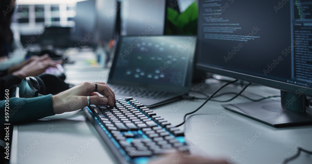 Aufkleber Close Up of a Software Developer Working on a Desktop Computer, Implementing New Features and Updates to a Company Server. Stylish Specialist Wearing Rings and Bracelet, Typing on Keyboard