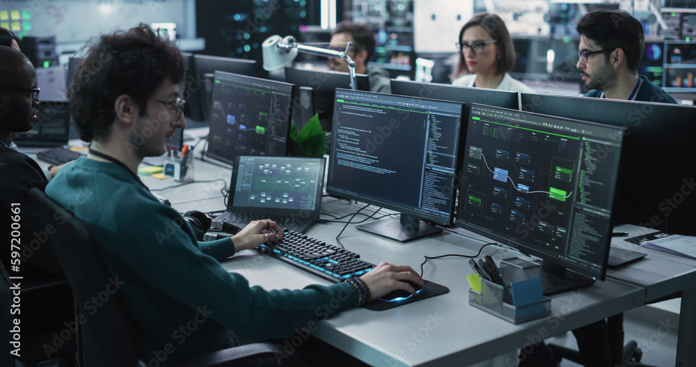 Fototapete Team of Diverse Multiethnic Software Developers Working on Computers, Programming Advanced Code, Managing Artificial Intelligence Projects Online for Innovative Cybersecurity Technology Company