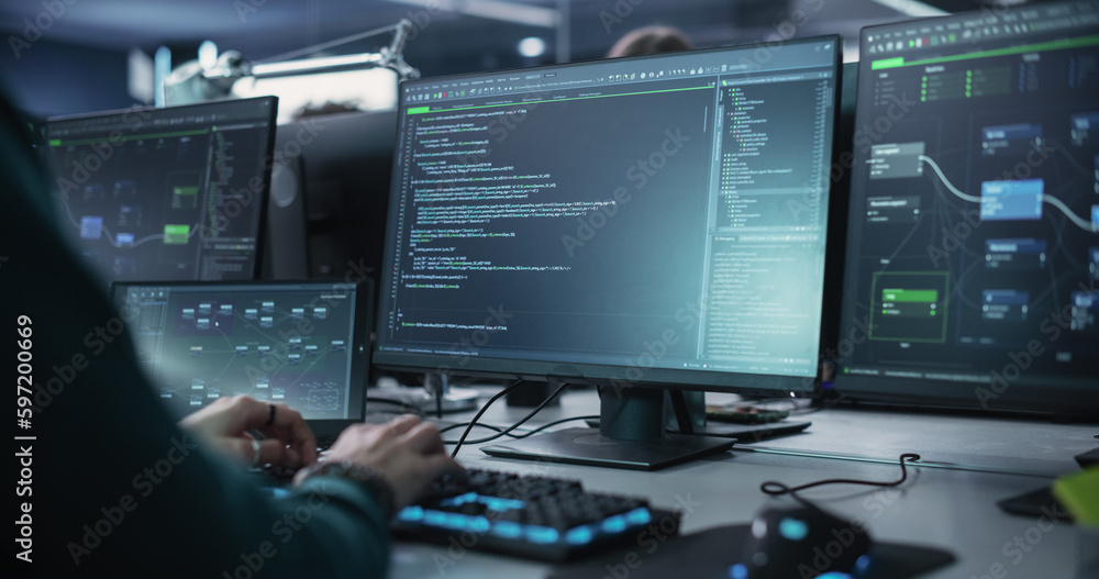 Poster Close Up of a Software Developer Working on a Desktop Computer with Green Screen Mock Up Display. Specialist Typing on Keyboard, Coding and Implementing a New Technical Feature, Working in an Agency