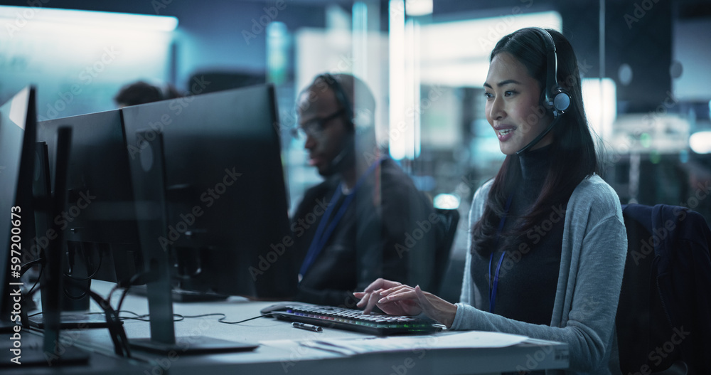 Aufkleber Customer Support Professional Using Computer and Talking with Client on a Call. Asian Help Desk Employee Responds to Queries, Resolve Problems and Troubleshoot Issues, Implement Solutions