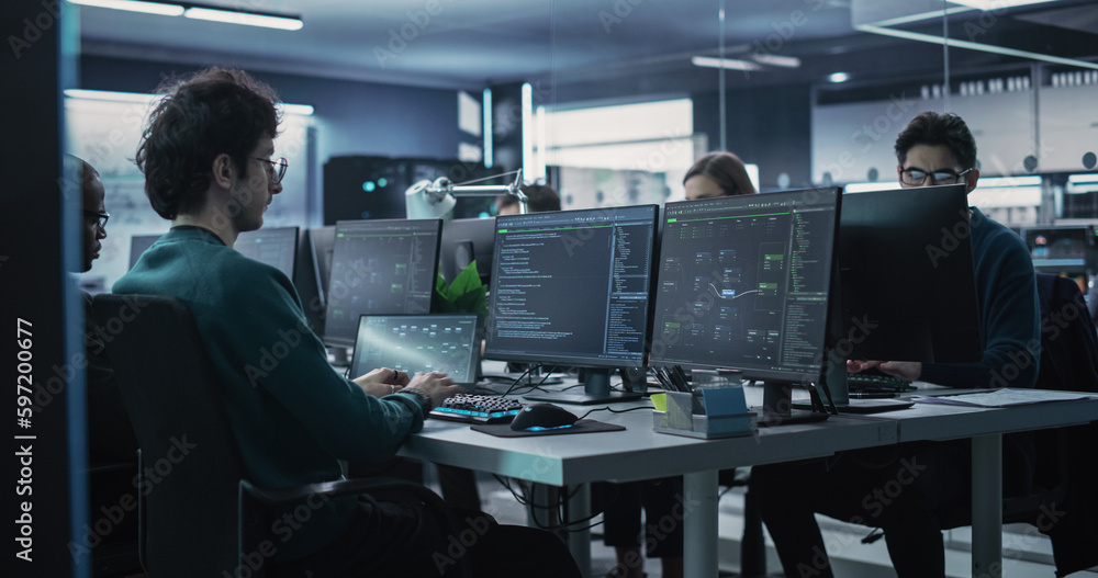 Fototapete Group of Empowered Multicultural Men and Women Working in a Research Center, Using Computers to Run Advanced Software, Develop Artificial Intelligence Interface and Neural Network Blockchain