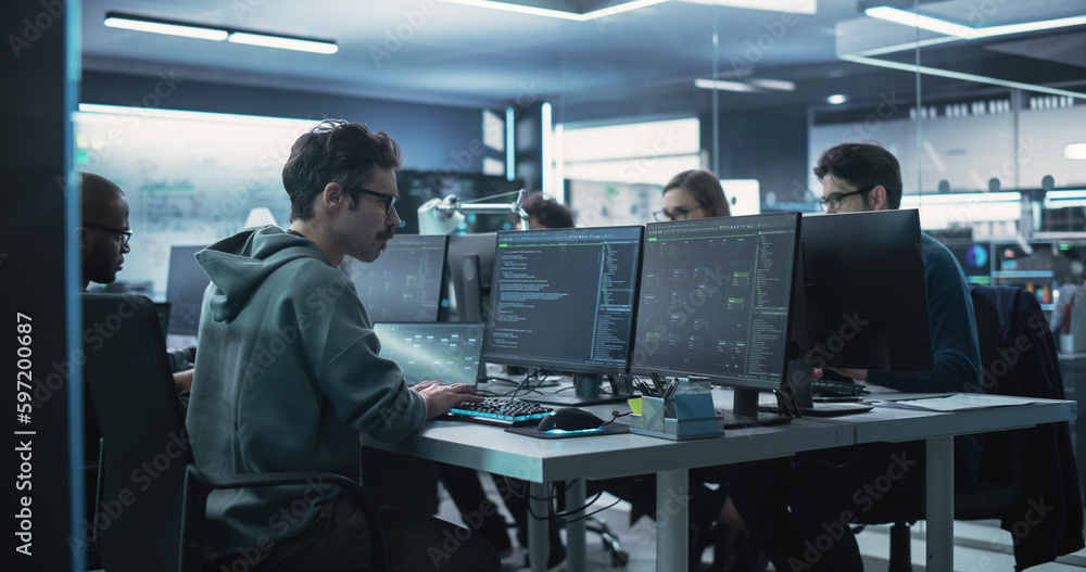 Fototapete Team of Diverse Multiethnic Software Developers Working on Computers, Programming Advanced Code, Managing Artificial Intelligence Projects Online for Innovative Cyber Security Service