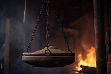 old weight hanging on a rusty scale, with dramatic lighting and smoke, created with generative ai