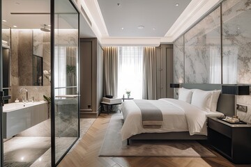 Fototapeta na wymiar luxurious hotel room with sleek and modern interiors, including plush bedding, designer furniture and marble bathroom, created with generative ai