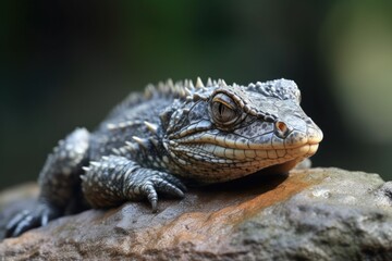 Obraz premium baby gator basking in the sun, with its scaly skin and magnificent jaws on full display, created with generative ai