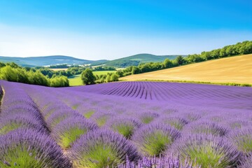 Fototapeta na wymiar lavender field with rolling hills and a clear blue sky, created with generative ai