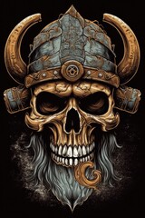 Cartoon Viking helmet skull Tshirt design. Generative AI