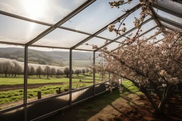 greenhouse with view of rolling hills, and cherry blossoms in the background, created with generative ai