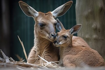Fototapeta premium kangaroo mother and baby in heartwarming embrace, created with generative ai