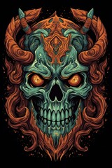 Fototapeta premium Cartoon Demon skull Tshirt design. Generative AI