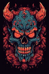 Cartoon Devil skull Tshirt design. Generative AI