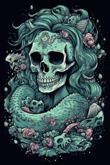 Cartoon Mermaid skull Tshirt design. Generative AI