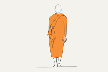 Color illustration of a man wearing full monk clothing. Monk one-line drawing
