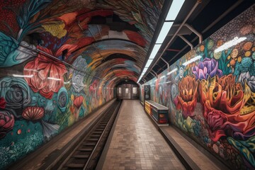 graffiti sprayer artist decorating underground subway station with intricate and colorful murals, created with generative ai