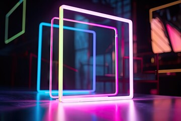 close-up of neon frame mockup with reflection in the glass, created with generative ai
