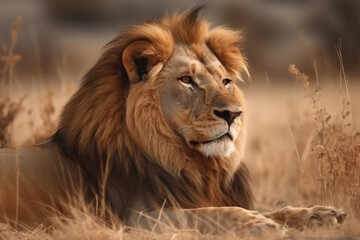 Fototapeta na wymiar A large lion lies in the savannah. Ai