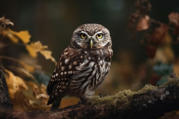 The little owl sits on a tree in the forest. Ai
