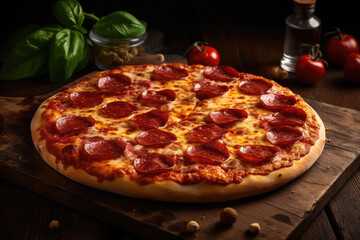 Pepperoni pizza is on the table. Ai