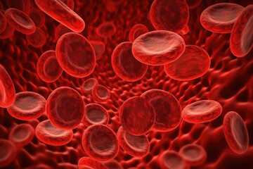 Red blood cells in the bloodstream. Close-up. Ai
