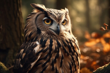 Eurasian eagle-owl close-up. Forest landscape. Ai