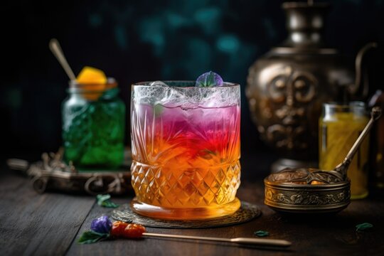 colorful cocktail in vintage glass, with straw and garnish, created with generative ai