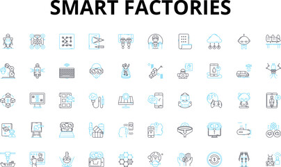 Smart factories linear icons set. Automation, Robotics, Efficiency, Innovation, Integration, Digitization, Optimization vector symbols and line concept signs. Connectivity,Intelligence
