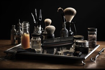 Fototapeta na wymiar tabletop display of variety of grooming tools and supplies, created with generative ai