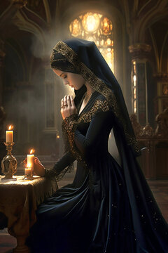 Woman praying at the alter, wearing a black dress. Ai generativ.