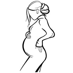 woman silhouette. Minimalist illustration of a pregnant woman. The pregnant woman is drawn with black lines. Illustration for postcard, notebook, poster.