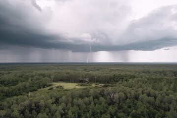 drone shot of hurricane, with view of storm clouds and lightning flashing, created with generative ai