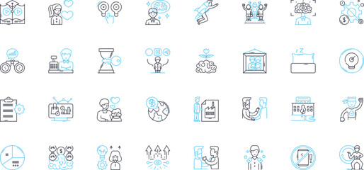 Obraz premium Marketing satisfaction linear icons set. Engagement, Conversion, Loyalty, Retention, Feedback, Advocacy, Insight line vector and concept signs. Strategy,Analytics,Progress outline illustrations