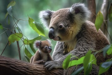 heartwarming moment between mother and baby koala, with the tranquility of the forest in the background, created with generative ai