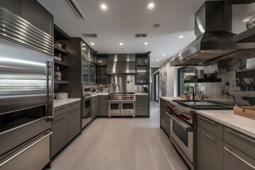 modern kitchen with sleek design and top-of-the-line appliances, including industrial dishwasher, created with generative ai