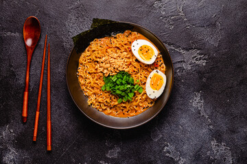 Korean style instant noodle, Shin Ramyeon with peanut and egg.