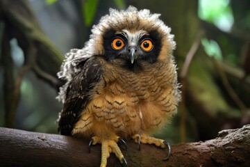 baby owl, with bright eyes and fluffy feathers, perched on tree branch, created with generative ai