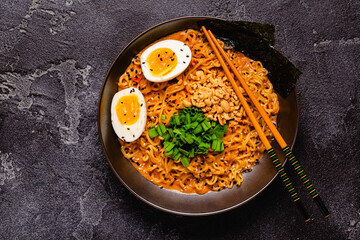 Korean style instant noodle, Shin Ramyeon with peanut and egg.