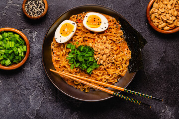 Korean style instant noodle, Shin Ramyeon with peanut and egg.
