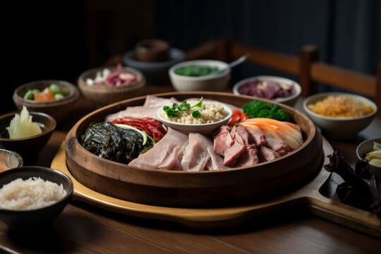 Korean summer healthy food Malbok of 2023. Various types of health food including duck meat. AI generated