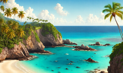 Fototapeta premium Tropical island with palm trees and beach. Concept poster for a trip to the uncharted islands, illustration. Generative AI 