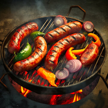 Sausages on the grill next to grilled vegetables. Ai generativ.