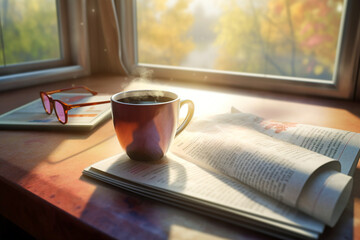 Steaming coffee and a newspaper on the window sill. AI generativ.
