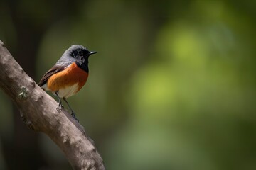 male redstart perching on tree branch, watching for prey, created with generative ai
