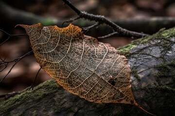 close-up of fallen leaf, with intricate details and textures visible, created with generative ai