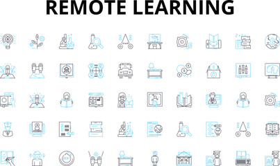 Fototapeta na wymiar Remote learning linear icons set. Virtual, Digital, Online, Distance, E-learning, Web-based, Tele-education vector symbols and line concept signs. Mobile,At-home,Cyber illustration