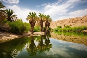 Fototapeta na wymiar spring with reflection in calm oasis surrounded by desert, created with generative ai