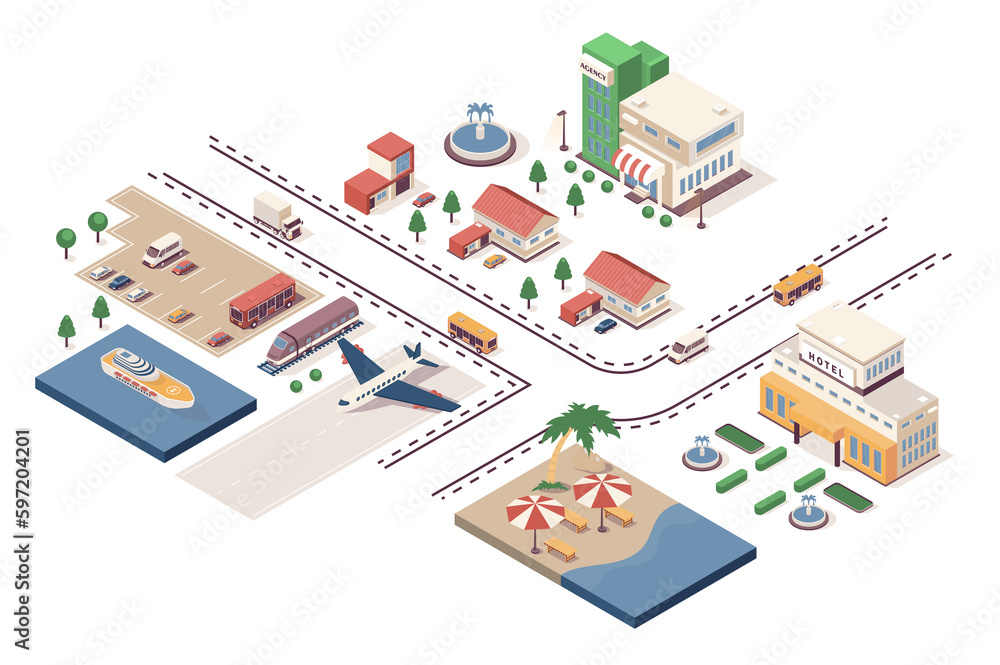 Poster travel agency concept 3d isometric web infographic workflow process. infrastructure map with company