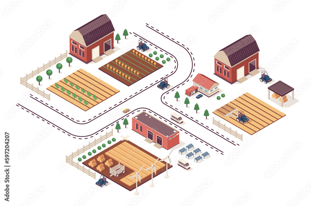 Poster farming concept 3d isometric web infographic workflow process. infrastructure map with farmland, bar